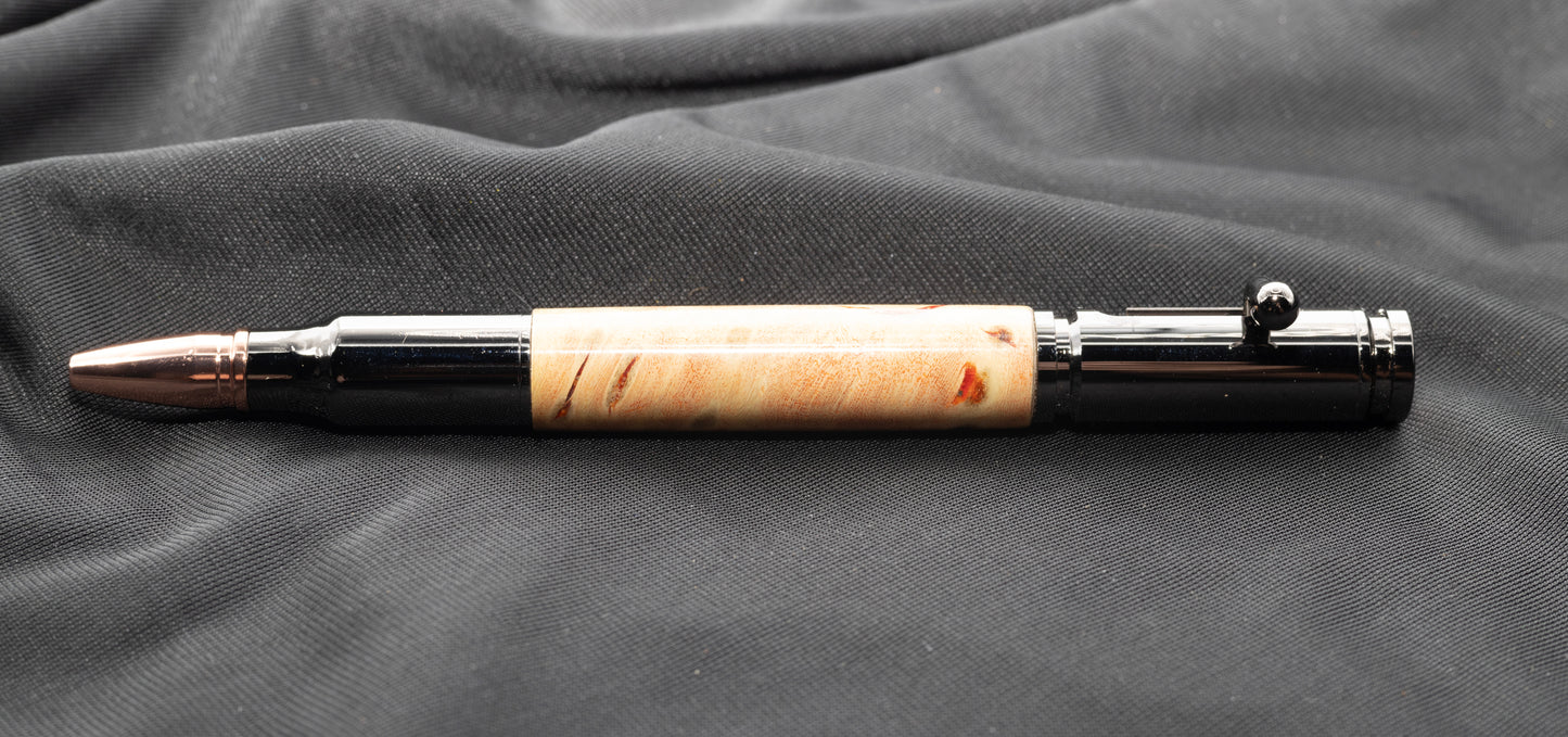 Gunmetal Bolt Action pen with stunning Flame boxelder wood body