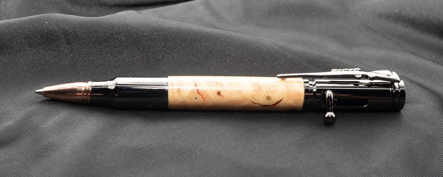 Gunmetal Bolt Action pen with stunning Flame boxelder wood body