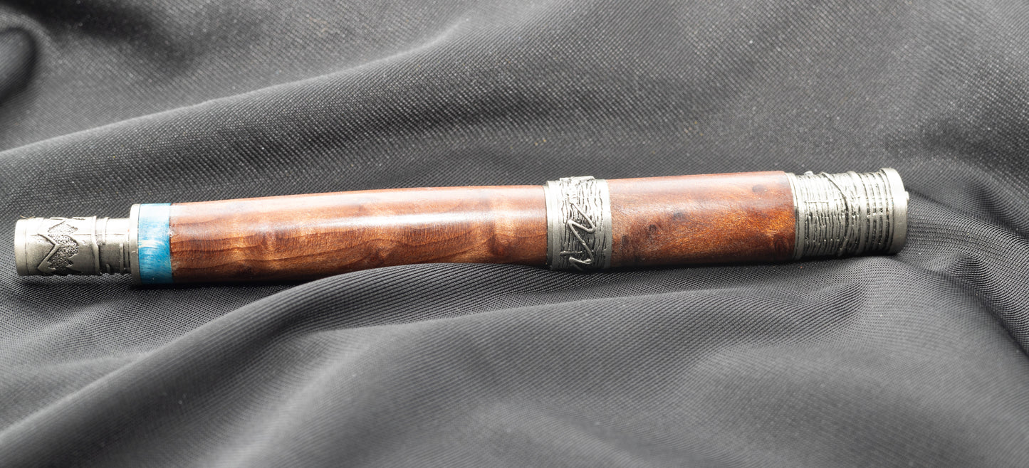 Antique Pewter Flyfishing Rollerball pen with Redwood burl and blue, curly cottonwood accent ring