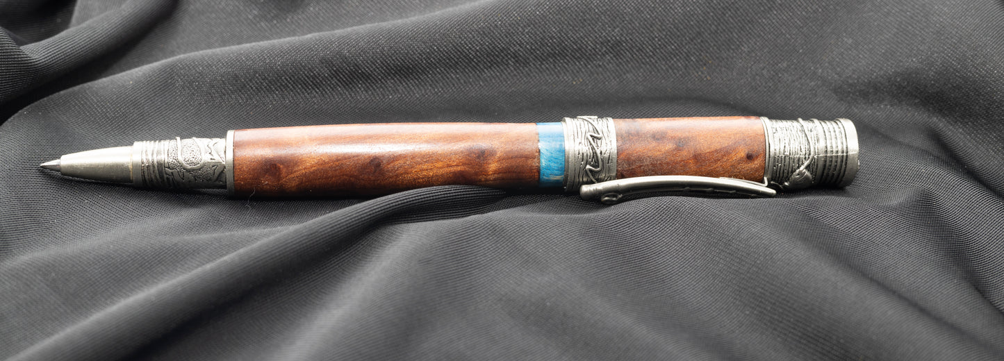 Antique Pewter Flyfishing Rollerball pen with Redwood burl and blue, curly cottonwood accent ring
