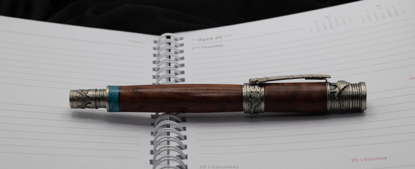 Antique Pewter Flyfishing Rollerball pen with Redwood burl and blue, curly cottonwood accent ring