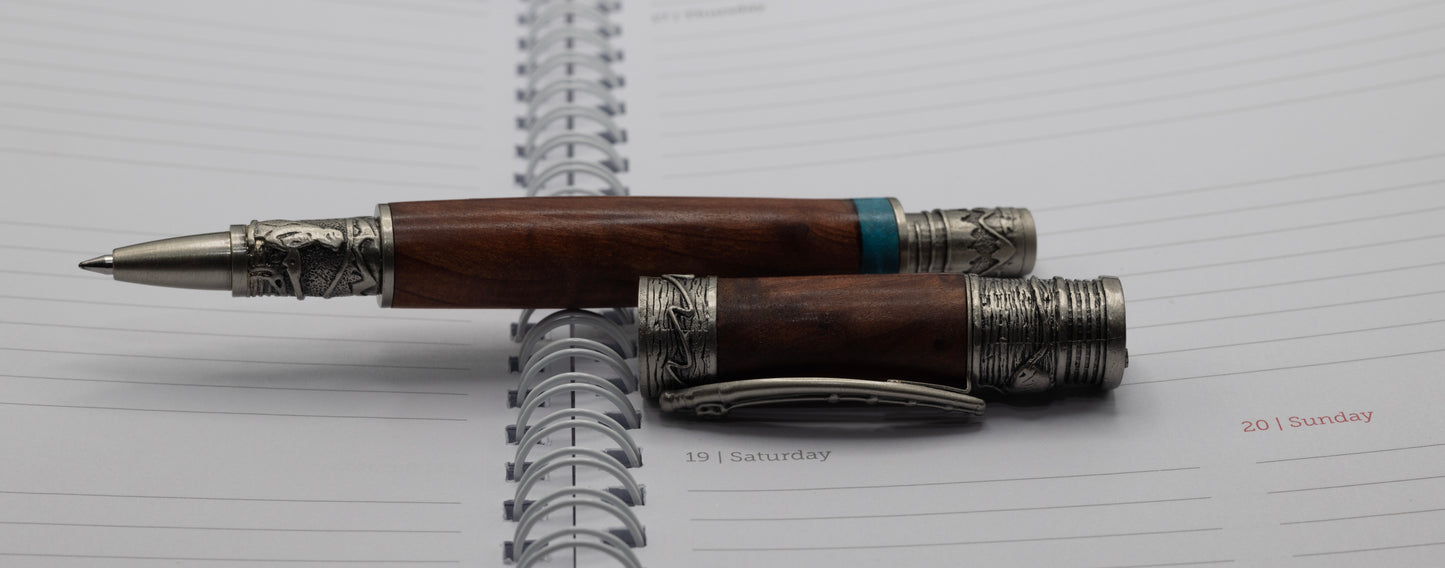 Antique Pewter Flyfishing Rollerball pen with Redwood burl and blue, curly cottonwood accent ring