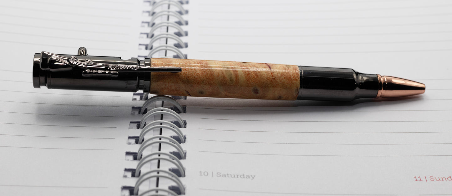 Gunmetal Bolt Action pen with stunning Flame boxelder wood body