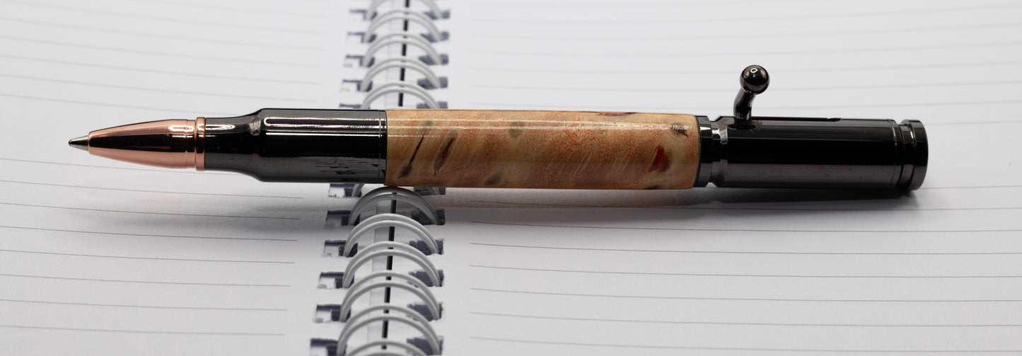 Gunmetal Bolt Action pen with stunning Flame boxelder wood body