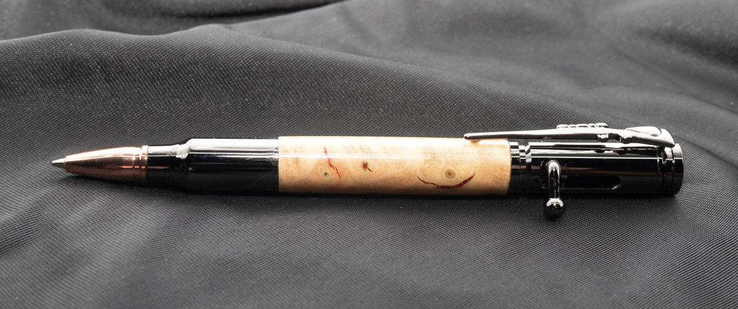 Gunmetal Bolt Action pen with stunning Flame boxelder wood body