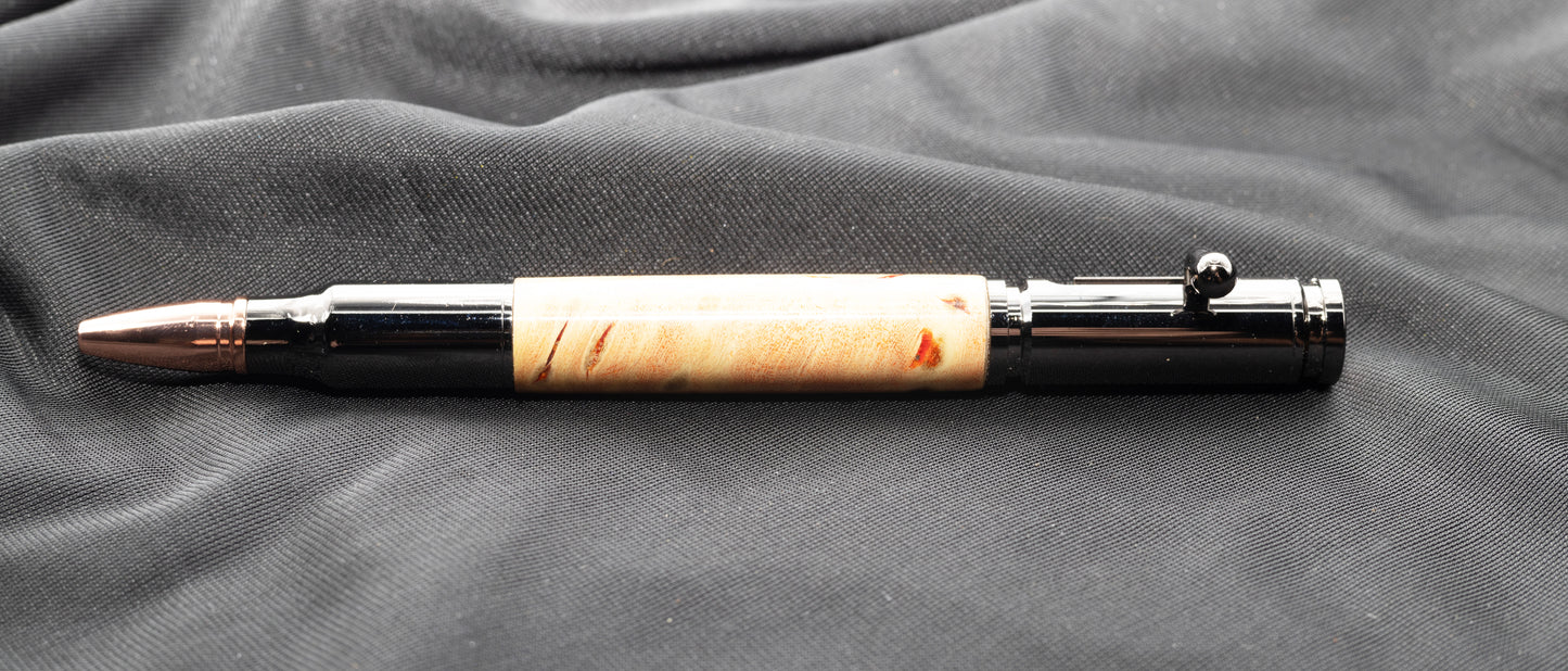 Gunmetal Bolt Action pen with stunning Flame boxelder wood body