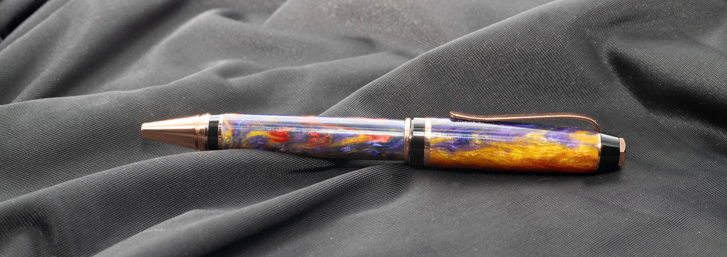 Copper Cigar ballpoint pen with resin body featuring purple, red and yellow