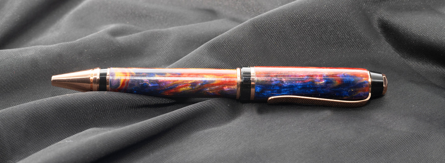 Copper Cigar ballpoint pen with resin body featuring purple, red and yellow