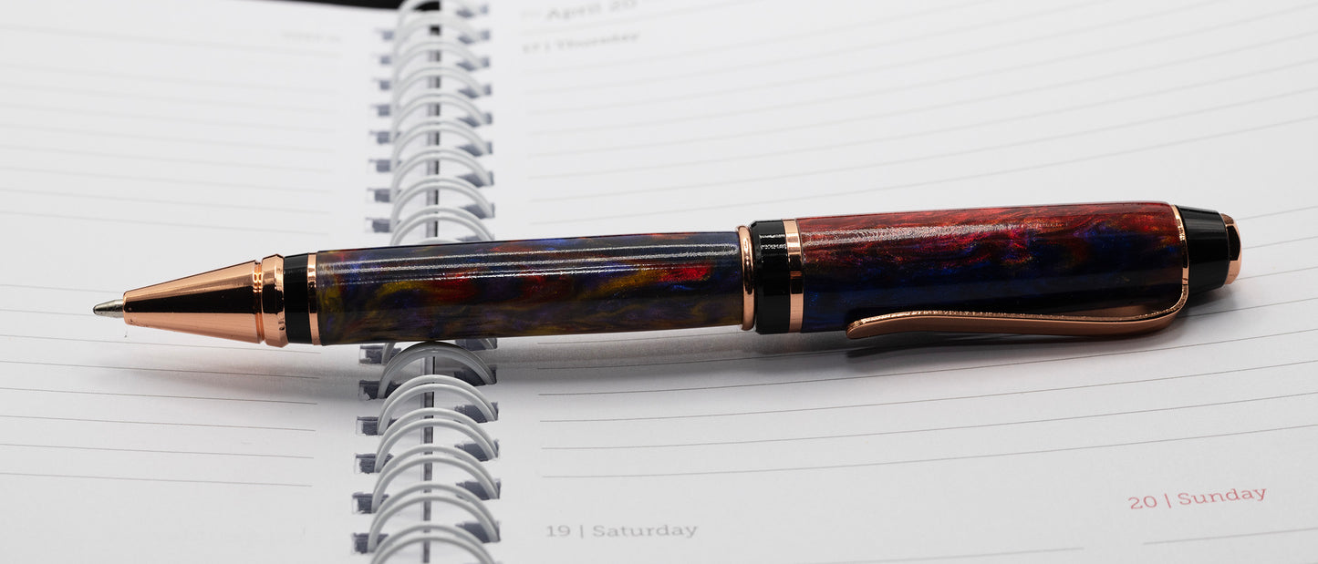 Copper Cigar ballpoint pen with resin body featuring purple, red and yellow
