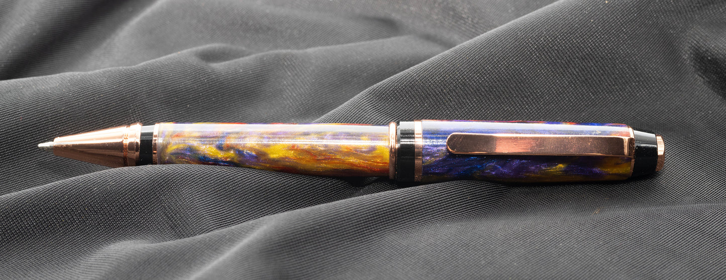 Copper Cigar ballpoint pen with resin body featuring purple, red and yellow