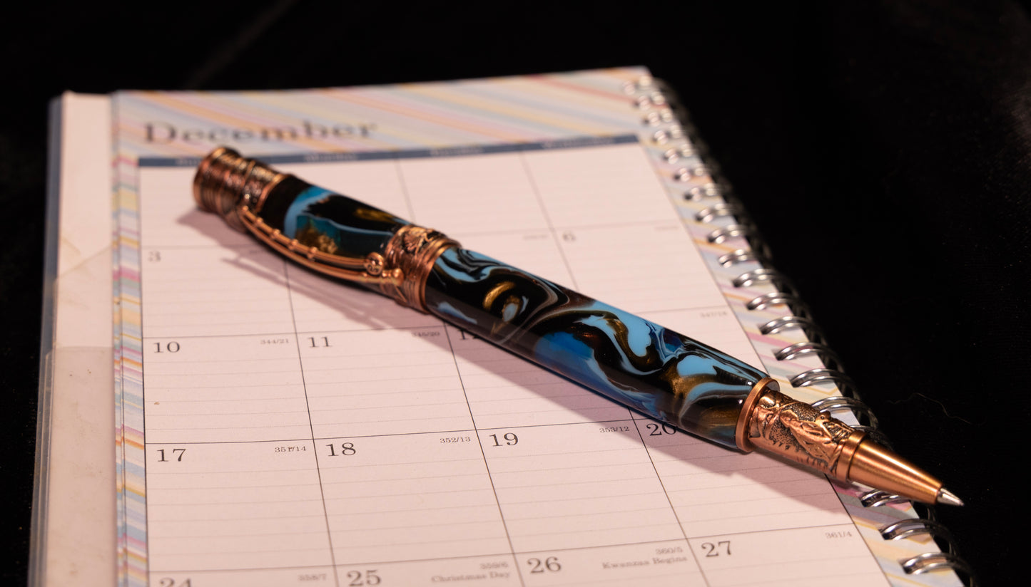 Flyfishing rollerball pen with ocean blue body