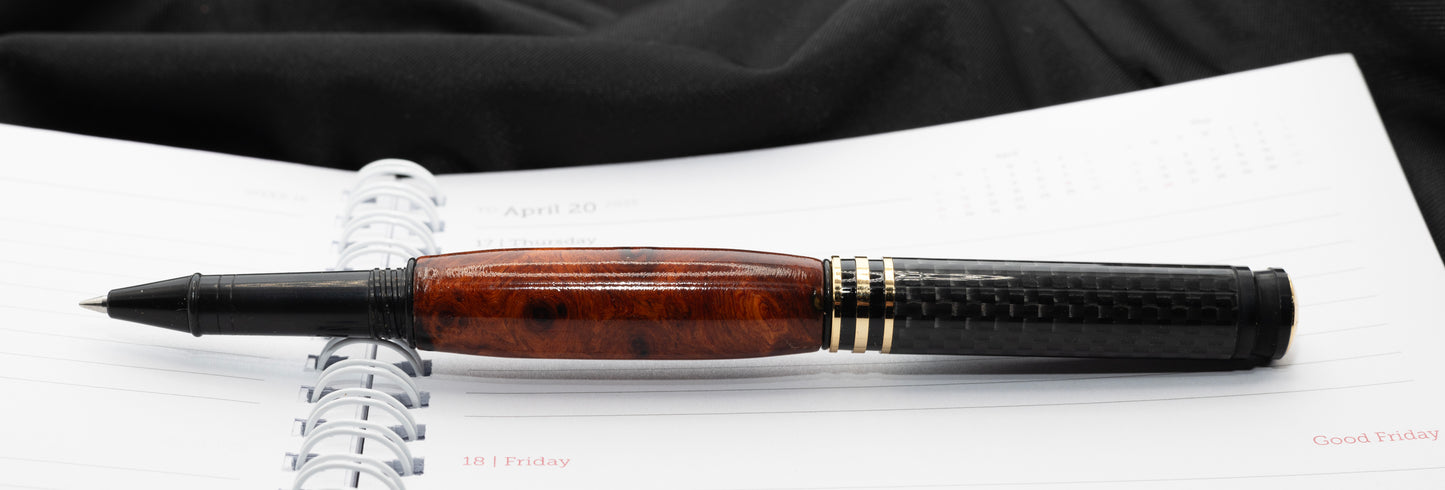 Black Chrome Metro rollerball with Amboyna burl wood body