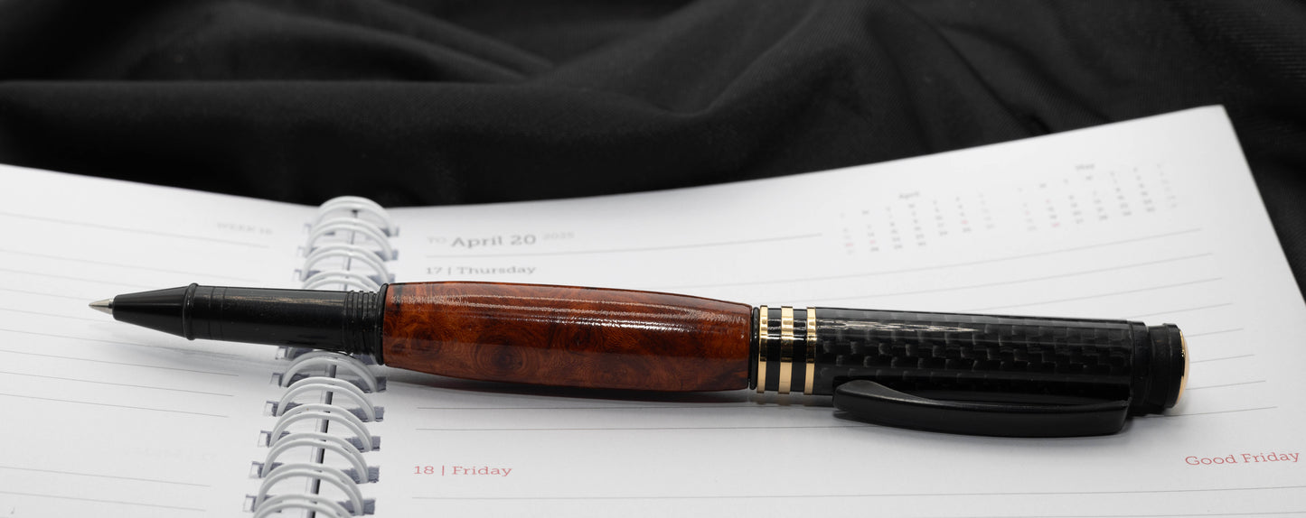 Black Chrome Metro rollerball with Amboyna burl wood body
