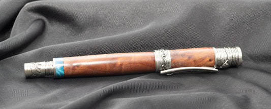 Antique Pewter Flyfishing Rollerball pen with Redwood burl and blue, curly cottonwood accent ring