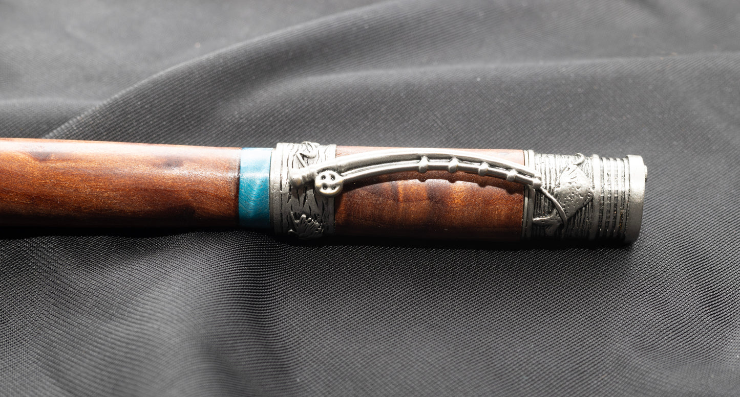 Antique Pewter Flyfishing Rollerball pen with Redwood burl and blue, curly cottonwood accent ring