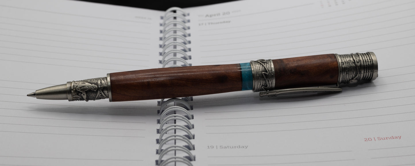 Antique Pewter Flyfishing Rollerball pen with Redwood burl and blue, curly cottonwood accent ring